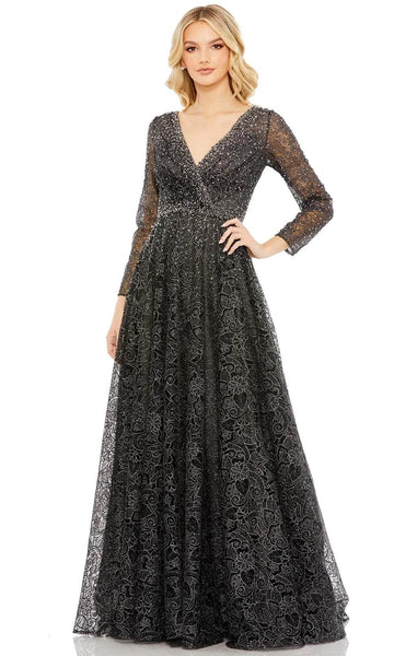 A-line V-neck Long Sleeves Natural Waistline Beaded Back Zipper Evening Dress/Party Dress with a Brush/Sweep Train