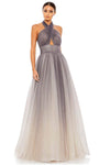 A-line V-neck Glittering Ruched Open-Back Hidden Back Zipper Halter Floor Length Evening Dress with a Brush/Sweep Train