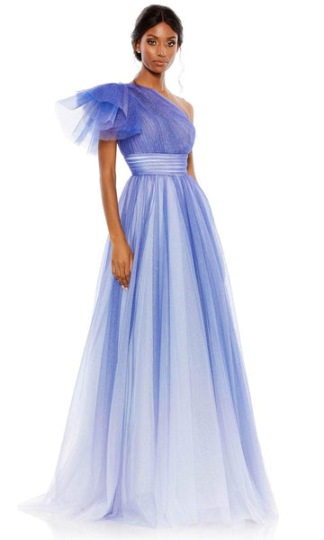 A-line Short Sleeves Sleeves One Shoulder Natural Waistline General Print Pleated Fitted Hidden Back Zipper Asymmetric Open-Back Ball Gown Prom Dress with a Brush/Sweep Train With Ruffles