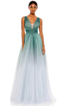 A-line V-neck Mesh Back Zipper Glittering Sleeveless Empire Waistline Prom Dress with a Brush/Sweep Train