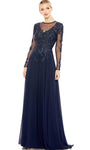 Modest A-line Floor Length Illusion Back Zipper Beaded Flowy Long Sleeves Natural Waistline Jeweled Neck Evening Dress