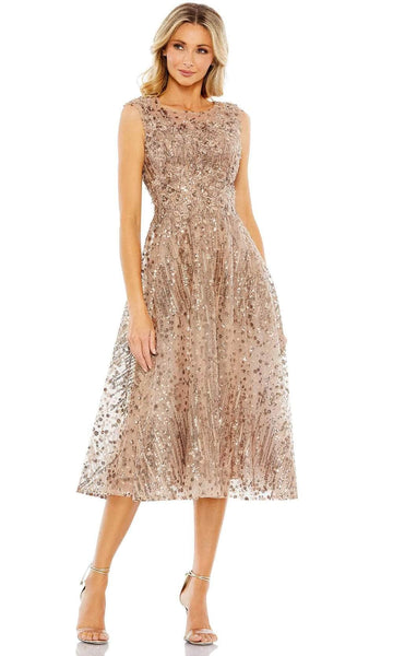 A-line Polyester Bateau Neck Cap Sleeves Embroidered Fitted Back Zipper Sequined Natural Waistline Cocktail Tea Length Midi Dress