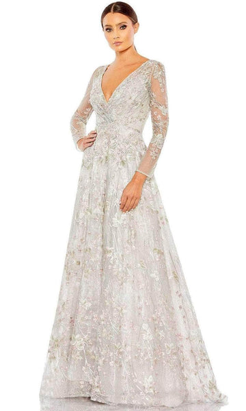 Sophisticated V-neck Long Sleeves Polyester Stretchy Embroidered Faux Wrap Back Zipper Jeweled Empire Waistline Mother-of-the-Bride Dress