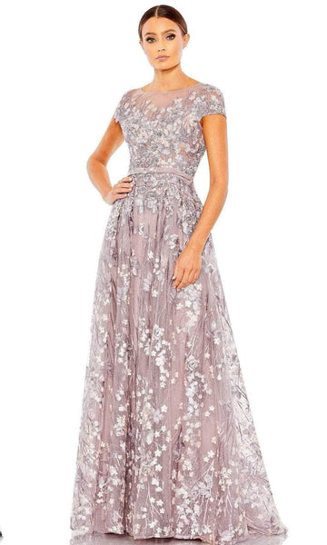 A-line Cap Sleeves Floral Print Wrap Applique Semi Sheer Beaded Back Zipper Illusion Sheer Bateau Neck Natural Waistline Lace Evening Dress/Mother-of-the-Bride Dress with a Brush/Sweep Train
