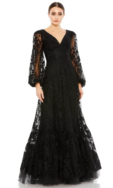 A-line V-neck Polyester Puff Sleeves Sleeves Beaded Embroidered Jeweled Illusion Back Zipper Natural Waistline Evening Dress