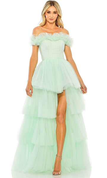 Sophisticated A-line Off the Shoulder Natural Waistline Back Zipper Tiered Fitted High-Low-Hem Prom Dress With Ruffles