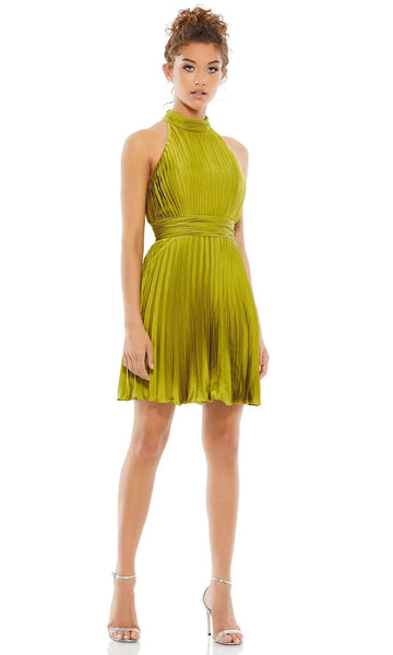 A-line Halter Sleeveless Natural Waistline Pleated Accordion Fitted Ruched Back Zipper Cocktail Above the Knee Dress