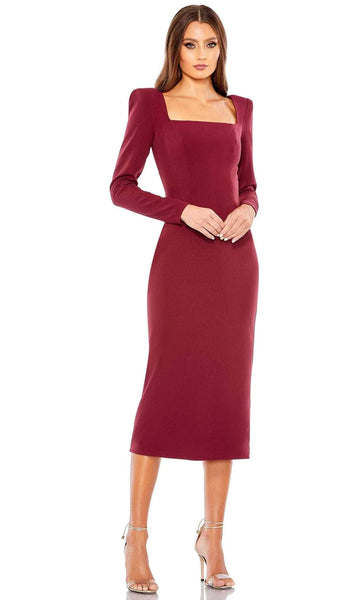 Sheath Natural Waistline Fitted Slit Back Zipper Square Neck Puff Sleeves Sleeves Tea Length Sheath Dress/Midi Dress