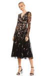 A-line V-neck Back Zipper Gathered Sheer Cocktail Tea Length Floral Print Natural Waistline Long Sleeves Party Dress