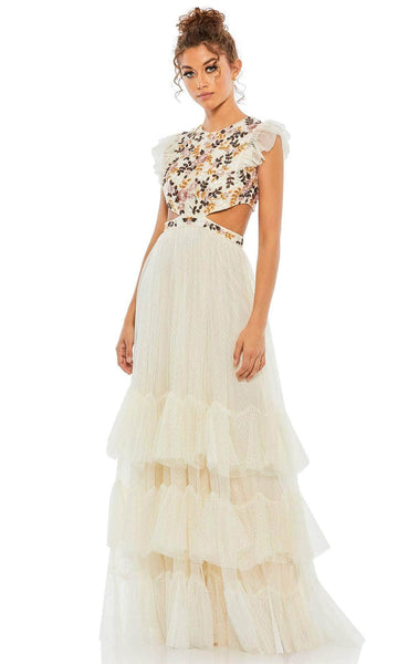 A-line Beaded Back Zipper Embroidered Cutout Tiered Floral Print Jeweled Neck Sleeveless Natural Waistline Dress With Ruffles