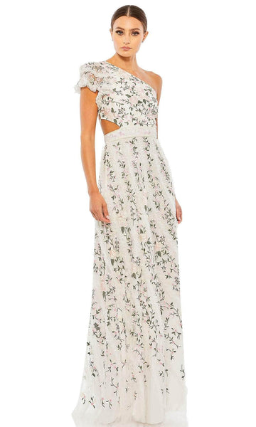 Short Sleeves Sleeves One Shoulder Floral Print Sheath Open-Back Back Zipper Cutout Lace-Up Beaded Asymmetric Floor Length Natural Waistline Sheath Dress/Evening Dress With Ruffles