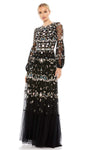 A-line Bishop Sleeves Floral Print Natural Waistline Jeweled Neck Floor Length Back Zipper Sheer Embroidered Evening Dress