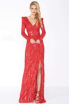 V-neck Draped Beaded Sequined Cutout Slit Back Zipper Floor Length Striped Print Sheath Empire Waistline Sheath Dress