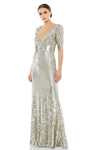 A-line V-neck Natural Waistline Elbow Length Sleeves Fit-and-Flare Fitted Sequined Back Zipper Floor Length Plunging Neck Evening Dress/Mother-of-the-Bride Dress with a Brush/Sweep Train