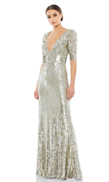 A-line V-neck Plunging Neck Floor Length Sequined Back Zipper Fitted Natural Waistline Fit-and-Flare Elbow Length Sleeves Evening Dress/Mother-of-the-Bride Dress with a Brush/Sweep Train