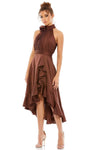 Sophisticated A-line Natural Waistline Cocktail High-Low-Hem Sleeveless Pleated Back Zipper High-Neck Dress With Ruffles