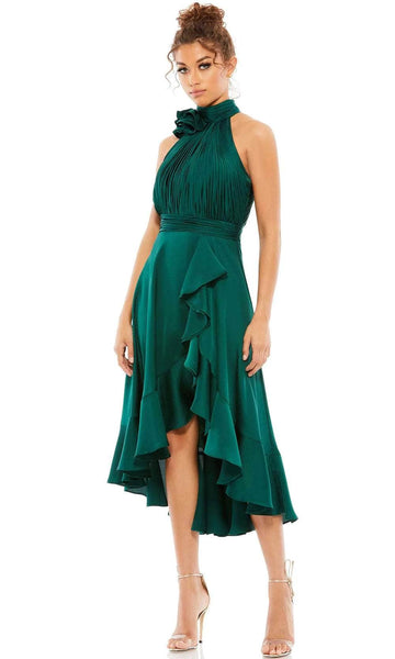 Sophisticated A-line High-Neck Natural Waistline Back Zipper Pleated Sleeveless Cocktail High-Low-Hem Dress With Ruffles