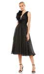 A-line V-neck Plunging Neck Wrap Open-Back Back Zipper Ruched One Shoulder Sleeveless Empire Waistline Cocktail Tea Length Dress With Ruffles