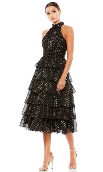A-line Fit-and-Flare Polka Dots Print Sleeveless Halter Chiffon Pleated Back Zipper Tiered Fitted Natural Waistline Cocktail Tea Length Dress With Ruffles