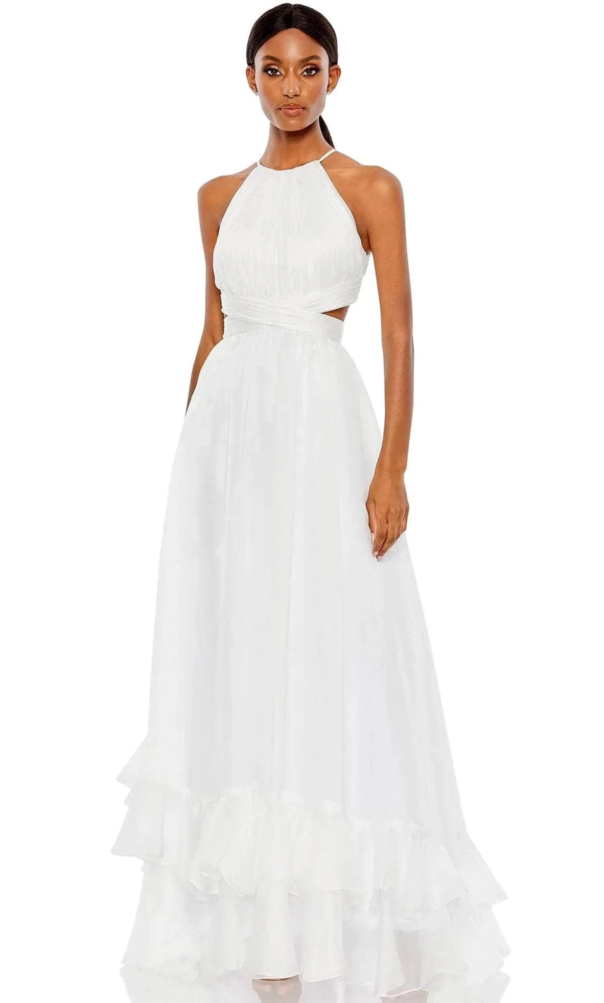 Sophisticated A-line Floor Length Tiered Back Zipper Empire Waistline Halter Sleeveless Prom Dress With Ruffles