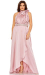 A-line Empire Tie Waist Waistline Halter Pleated Ruched Wrap Sleeveless Floor Length Evening Dress With a Bow(s)