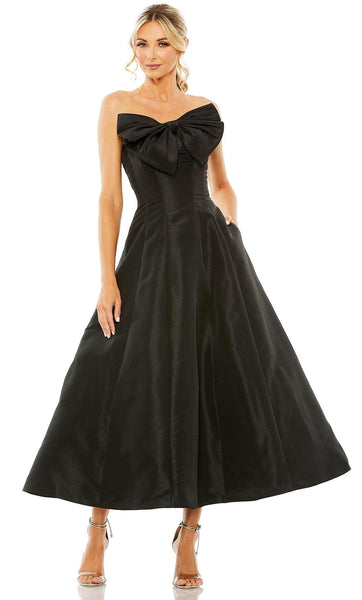 A-line Strapless Natural Waistline Pocketed Fitted Hidden Back Zipper Cocktail Tea Length Party Dress With a Bow(s)