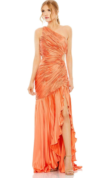 Sexy One Shoulder Mermaid Asymmetric Slit Fitted Ruched High-Low-Hem Natural Waistline Prom Dress with a Brush/Sweep Train