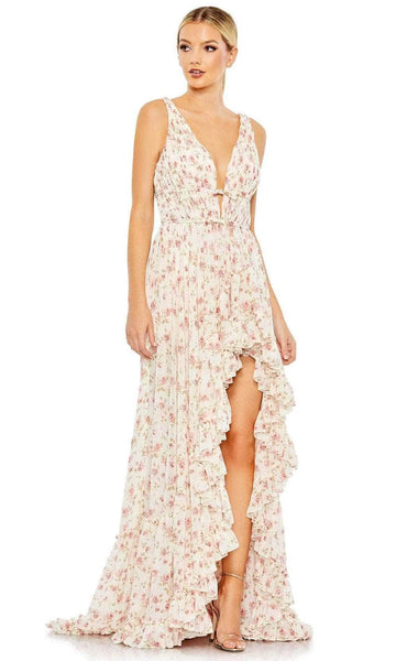 Sexy A-line V-neck Slit Ruched Floral Print Natural Waistline Sleeveless Floor Length Ruffle Trim Dress with a Brush/Sweep Train With a Ribbon