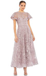 Sophisticated A-line Natural Waistline Fit-and-Flare Illusion Back Zipper Sheer Fitted Sequined Cocktail Tea Length Floral Print Jeweled Neck Flutter Short Sleeves Sleeves Lace Midi Dress