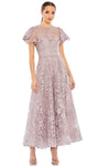 Sophisticated A-line Floral Print Cocktail Tea Length Flutter Short Sleeves Sleeves Illusion Fitted Sequined Sheer Back Zipper Natural Waistline Lace Fit-and-Flare Jeweled Neck Midi Dress