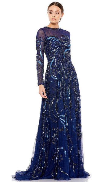 Sophisticated Modest A-line Sheer Long Sleeves Fitted Beaded Sequined Illusion Back Zipper Sheer Applique Natural Waistline Crew Neck High-Neck Sweetheart Floor Length Evening Dress/Mother-of-the-Brid