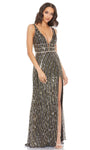 V-neck Plunging Neck Striped Print Back Zipper Jeweled Open-Back Sequined Draped Slit Empire Waistline Floor Length Sheath Sheath Dress with a Brush/Sweep Train