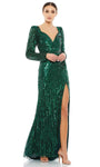 V-neck Floor Length Sheath Hidden Back Zipper Slit Sequined Polyester Natural Waistline Long Sleeves Sheath Dress/Evening Dress with a Brush/Sweep Train