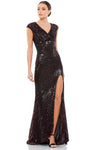 Sophisticated V-neck Sheath Cap Sleeves Natural Waistline Sequined Slit Back Zipper Faux Wrap Asymmetric Fitted Floor Length Sheath Dress/Evening Dress with a Brush/Sweep Train