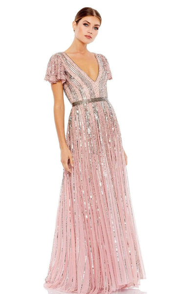 A-line V-neck Striped Print Sequined Belted Back Zipper Beaded Bell Short Sleeves Sleeves Floor Length Short Natural Waistline Evening Dress/Mother-of-the-Bride Dress with a Brush/Sweep Train With Ruf