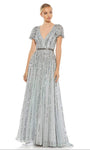 A-line V-neck Striped Print Bell Short Sleeves Sleeves Floor Length Short Back Zipper Beaded Belted Sequined Natural Waistline Evening Dress/Mother-of-the-Bride Dress with a Brush/Sweep Train With Ruf