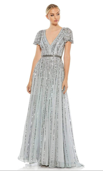 A-line V-neck Natural Waistline Floor Length Short Bell Short Sleeves Sleeves Beaded Back Zipper Sequined Belted Striped Print Evening Dress/Mother-of-the-Bride Dress with a Brush/Sweep Train With Ruf