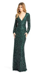 V-neck Long Sleeves Sheath Floor Length Plunging Neck Natural Waistline General Print Fitted Beaded Sequined Back Zipper Sheath Dress/Evening Dress with a Brush/Sweep Train