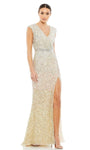 V-neck Natural Waistline Back Zipper Sequined Slit Floor Length Sheath Cap Sleeves Sheath Dress/Evening Dress with a Brush/Sweep Train