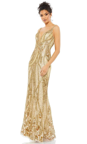 V-neck Plunging Neck Spaghetti Strap Open-Back Sheer Illusion Beaded Natural Waistline Sheath General Print Sheath Dress/Evening Dress with a Brush/Sweep Train