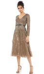 A-line V-neck Natural Waistline Long Sleeves Sequined Back Zipper Cocktail Tea Length Dress