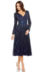 A-line V-neck Cocktail Tea Length Back Zipper Sequined Long Sleeves Natural Waistline Dress