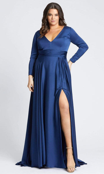 Tall Sexy A-line V-neck Metallic Ruched Pleated Back Zipper Slit Plunging Neck Floor Length Empire Waistline Long Sleeves Dress with a Brush/Sweep Train