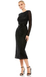 Modest Sheath Long Sleeves Beaded Mesh Back Zipper Slit Fitted Cocktail Tea Length High-Neck Polyester Sheath Dress