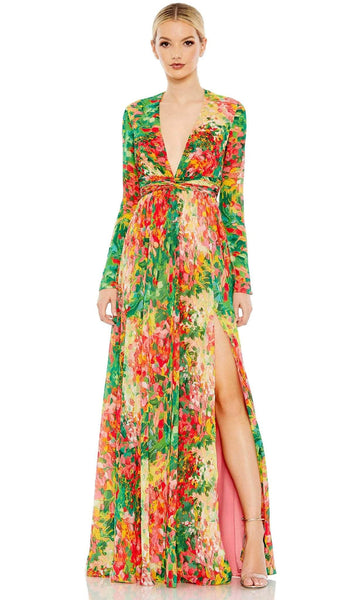 A-line V-neck Long Sleeves Floor Length Floral Print Slit Ruched Plunging Neck Natural Waistline Evening Dress