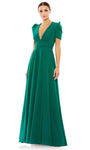 A-line V-neck Draped Ruched Banding Floor Length Empire Waistline Puff Sleeves Sleeves Plunging Neck Evening Dress