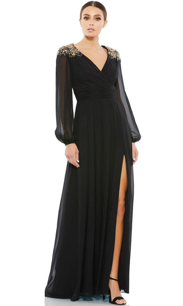A-line V-neck Bishop Sleeves Chiffon Natural Waistline Sheer Ruched Beaded Back Zipper Slit Shirred Evening Dress with a Brush/Sweep Train