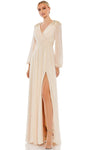 A-line V-neck Chiffon Bishop Sleeves Natural Waistline Beaded Ruched Sheer Shirred Slit Back Zipper Evening Dress with a Brush/Sweep Train
