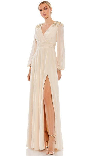 A-line V-neck Bishop Sleeves Sheer Ruched Back Zipper Slit Beaded Shirred Chiffon Natural Waistline Evening Dress with a Brush/Sweep Train