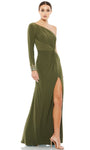 Jersey Natural Waistline Asymmetric Slit Beaded Pleated Draped Sheath Long Sleeves Sheath Dress/Evening Dress with a Brush/Sweep Train